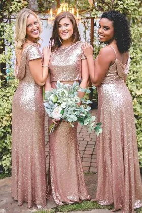 Sparkly rose gold sequin mismatched A line long bridesmaid dresses