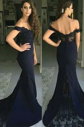 Dark navy lace and spandex elegant off the shoulder mermaid dress