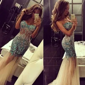 Sparkling silver and blue diamond sheer champagne tulle long prom gown