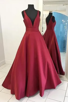 Ruby red satin plunging neckline wide straps simple prom formal gown
