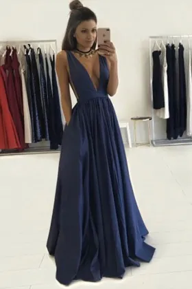 plunging neck navy blue satin simple prom dress