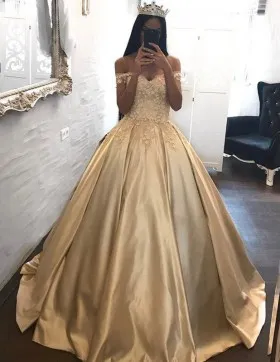 Beautiful Appliqued Gold Champagne Satin Ball Gown