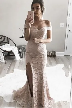 Nude lace off the shoulder V neck side split mermaid long prom dress