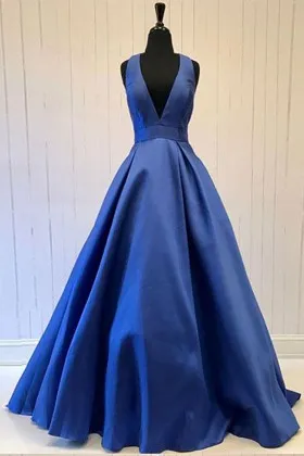 Simple sleeveless navy blue satin plunging V neckline prom ball gown