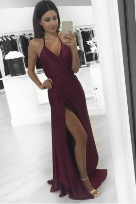 Simple maroon chiffon split A line halter V neck prom dress
