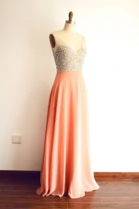 Amazing Crystals Beaded Peach Chiffon A line Bridesmaid Dress