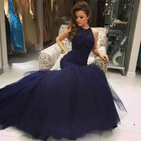 Gorgeous beading dark navy trumpet dropped waist formal gown