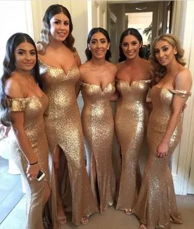 Sparkling gold sequin off the shoulder mermaid split bridesmaid dresses