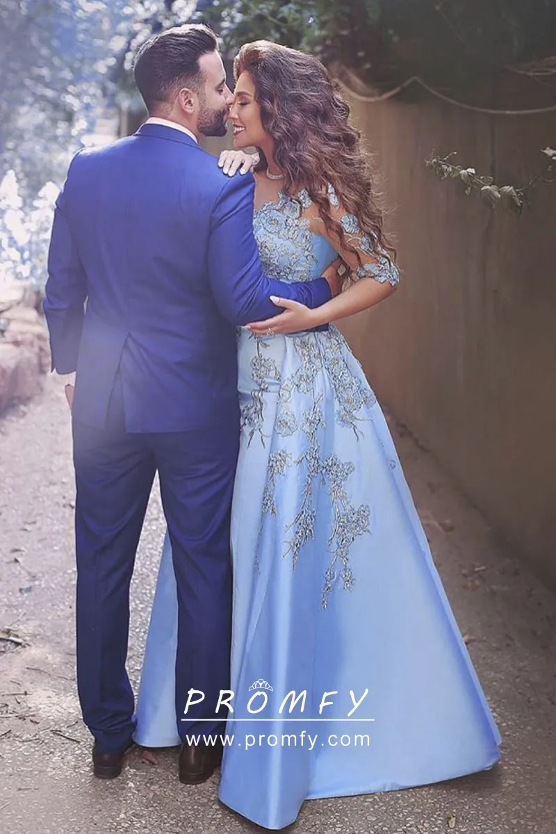 Floral Appliqued Sky Blue Satin Engagement Dress - Promfy