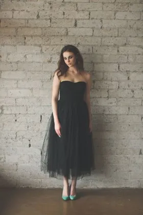 Vintage inspired black tulle tea length strapless graduation dress