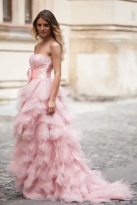 Cascading ruffle baby pink organza cute flower engagement dress