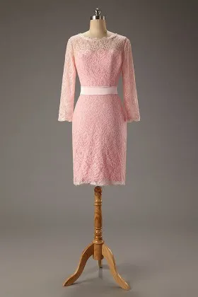Designer short sheath pink lace bridesmaid formal dress with 34 sleeves