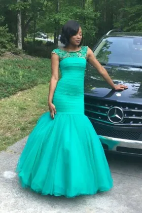 Dropped waist trumpet green satin and tulle cap sleeve unique prom dress