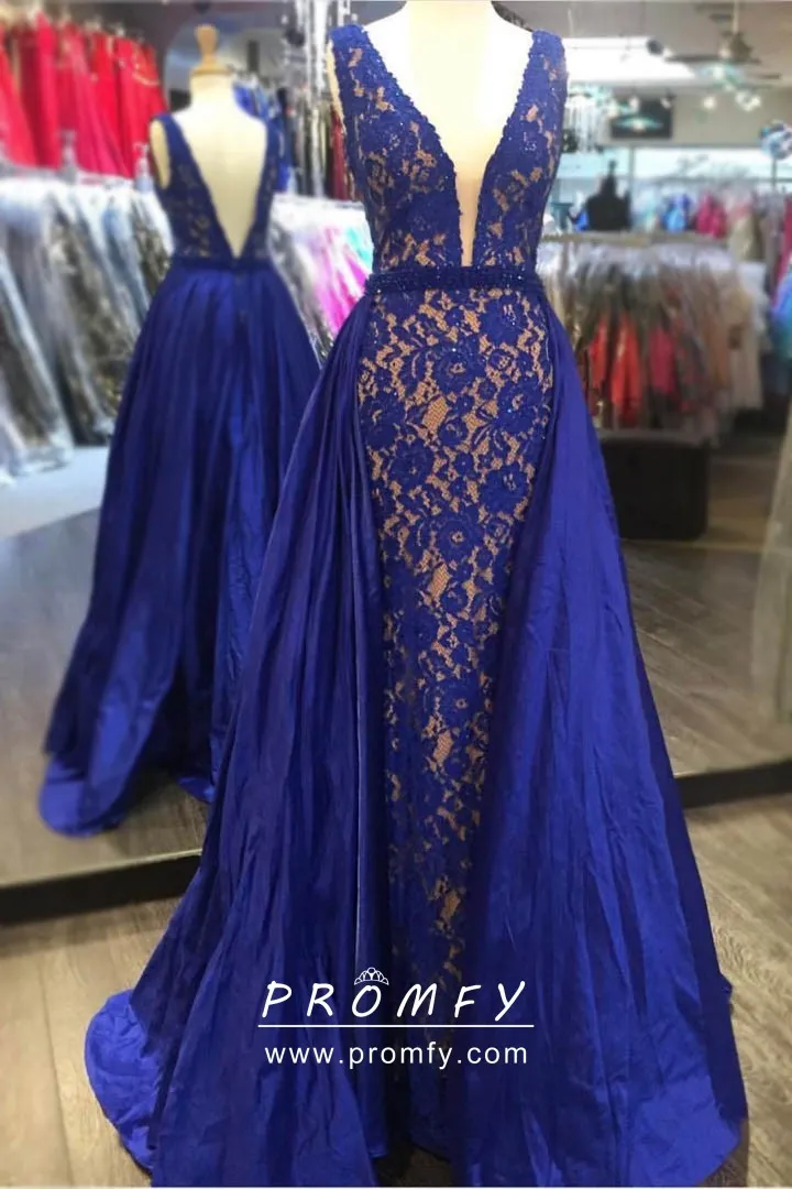 Royal Blue Lace Sheath Overskirt Long Prom Dress Promfy