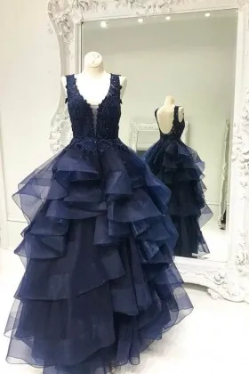 dark navy lace and tiered flounced tulle vintage formal ball gown