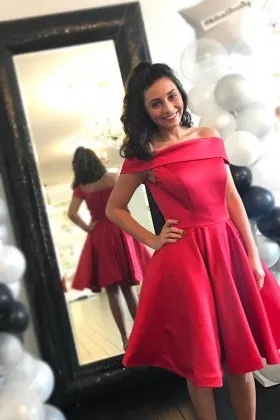 Hot pink satin short off the shoulder homecoming graduation dress