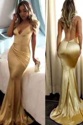 Shiny gold satin asymmetrical draped backless V neckline mermaid prom dress