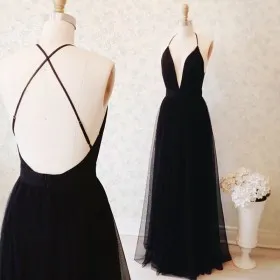 Simple sexy black tulle open back plunging neckline spaghetti straps dress