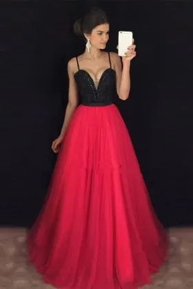 Beaded black and red two tone floor length full A line prom dress with straps