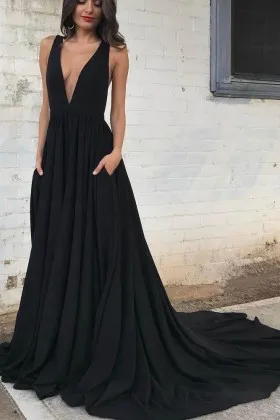 Simply black satin plunging neckline chapel train formal dress with pockets
