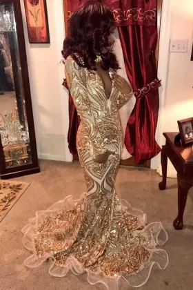 Sparkly gold sequin mermaid long sleeve African American prom dress