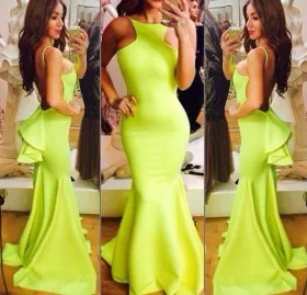 Exquisite lime green ruffled backless mermaid long prom dress