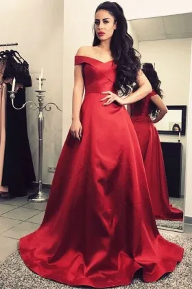 Sweet red satin criss cross off the shoulder floor length ball gown prom dress