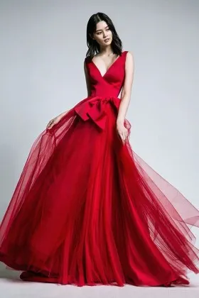Charming red satin huge bow and open back prom dress with tulle overlay