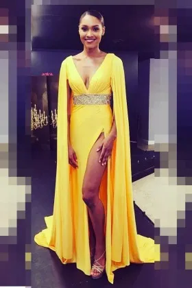 Fashion caped yellow jersey thigh high slit beaded long prom dress