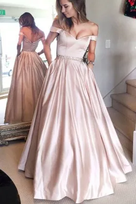 Champagne satin off the shoulder beaded floor length designer simple formal dress