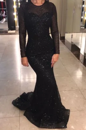 Bedazzled glitter illusion long sleeve floor length mermaid pageant prom dress