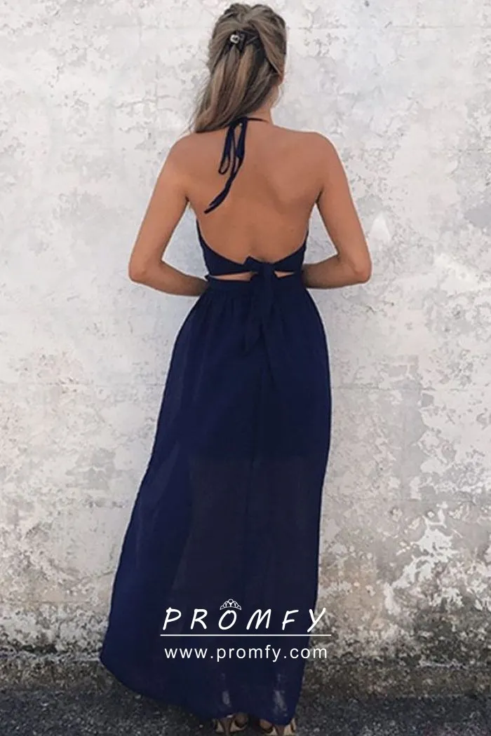 Flowy Navy Blue Chiffon Split Backless Party Dress - Promfy