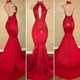 Red lace and spandex high neckline open back unusual mermaid long prom dress