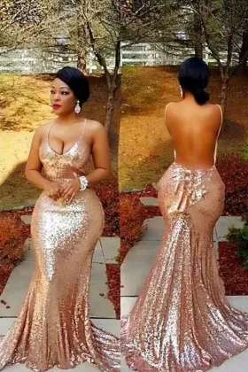 Sexy body hugging gold sequin scoop neck backless mermaid long prom dress