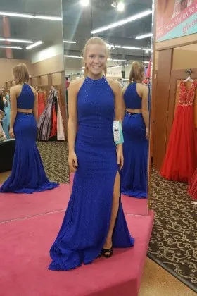 Beaded royal blue crew neck two piece fit and flare side split prom dress