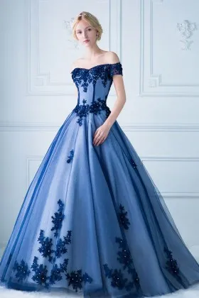 Beaded lace appliqued off the shoulder cobalt blue tulle overlay ball gown