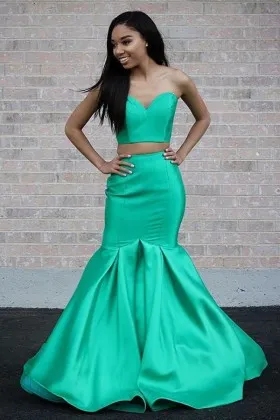 modern green satin two piece trumpet drop waist floor length prom dress