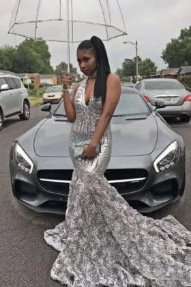 Sparkly silver sequin and 3D rose mermaid African American prom dress