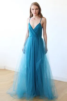 Pool blue jersey and tulle deep V neck sexy long prom dress