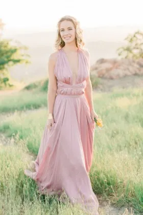 Beautiful pearl pink plunging neckline open back A line long engagement dress
