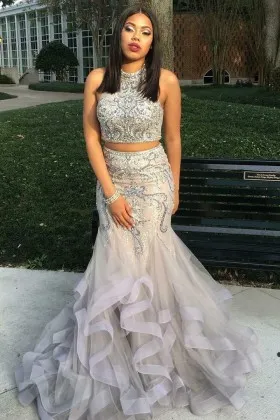 Sparkly sequinned two piece flounced mermaid african american prom dress
