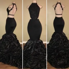 Noble black lace and satin cascading ruffled trumpet open back formal dress