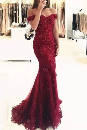 Beaded scarlet red lace and tulle classic mermaid off the shoulder formal dress