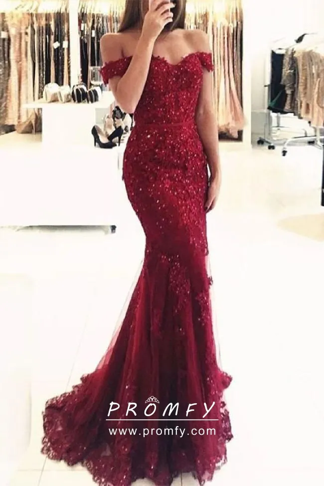 Beaded Scarlet Red Off-the-shoulder Formal Dress - Promfy