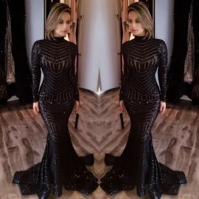 Sparkly amazing black sequin long sleeve body hugging mermaid prom dress