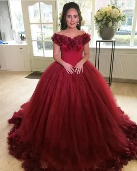 Dark red floral off the shoulder corset basque waist floor length ball gown