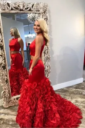 Amazing two piece red satin cascading ruffled mermaid long formal dress