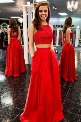Amazing red two piece satin floor length prom dress with pockets