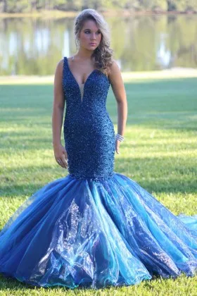 Luxury pearls embellished drop waist trumpet blue organza pageant gown