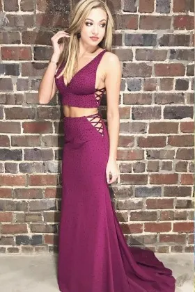 Sexy two piece beaded magenta plunging V neckline long prom dress